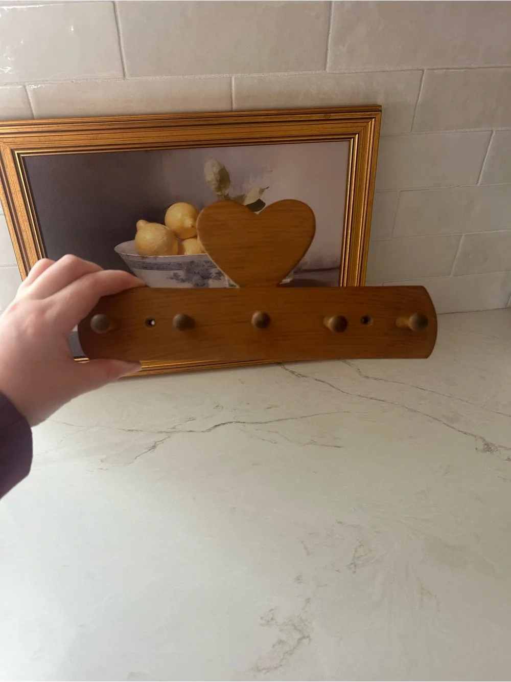 Vintage Wooden Heart Peg Rack 5 Hook Wall Hanger Cottage Country Decor